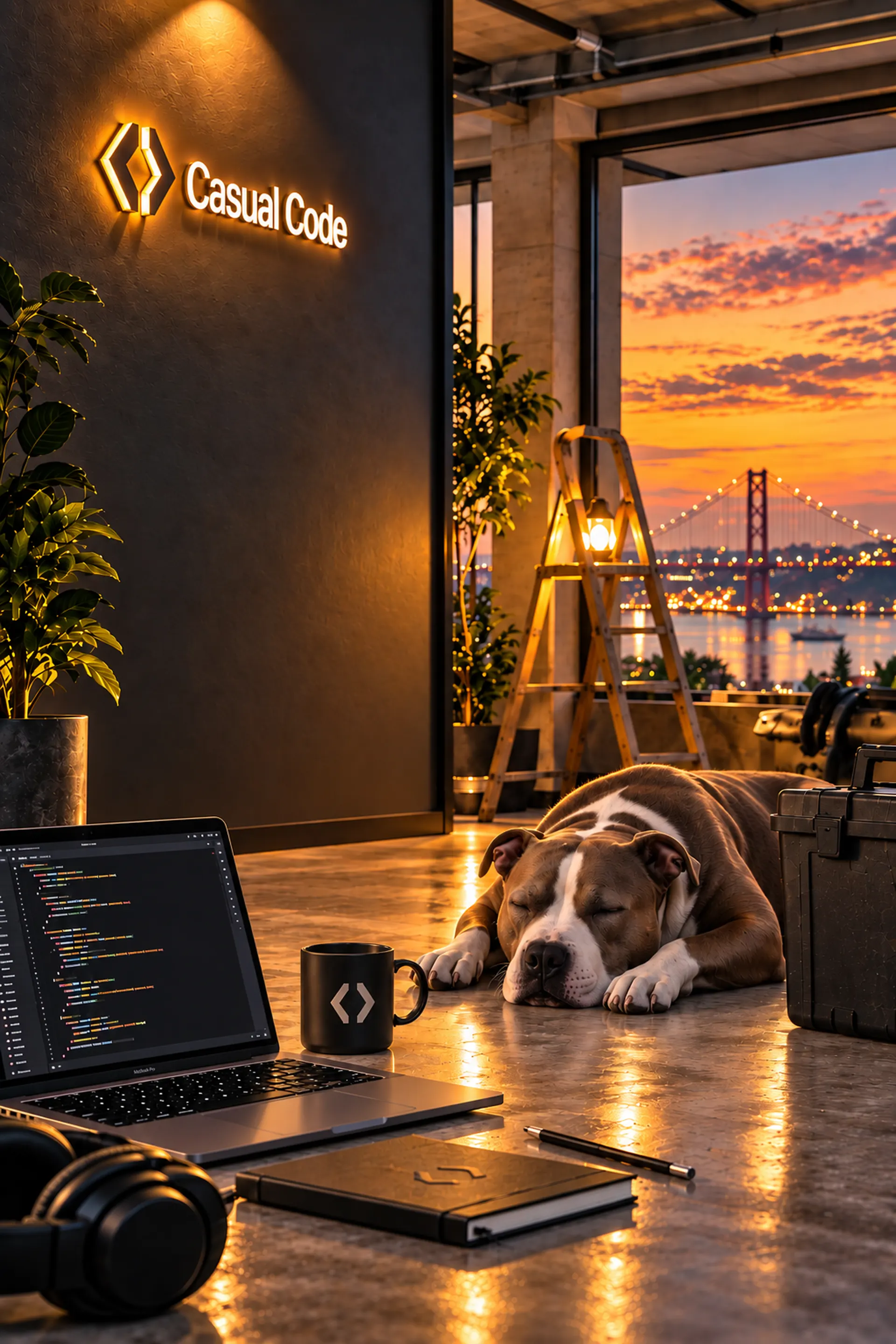 The Casual Code studio at dusk: a lit sign on a dark wall, a laptop and a sleeping dog on the floor, and the 25 de Abril bridge over the Tagus through the window.